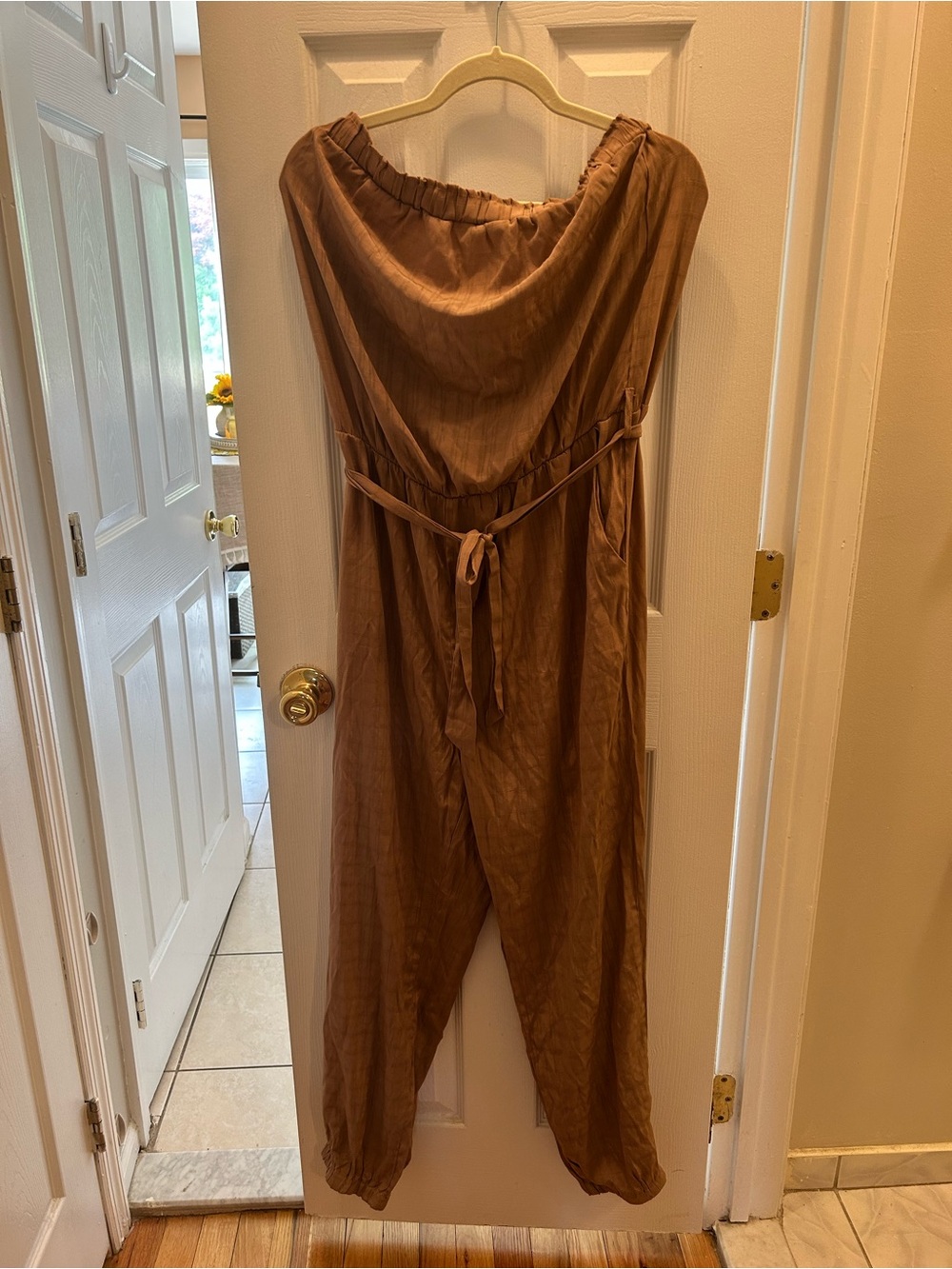 Women’s Brown Strapless Jumpsuit with Waist Tie